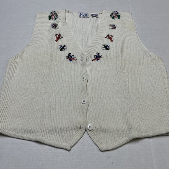 Vintage Leon Levin Sweater Vest Women M White Golf Theme Embroidered Button Down - Picture 3 of 9